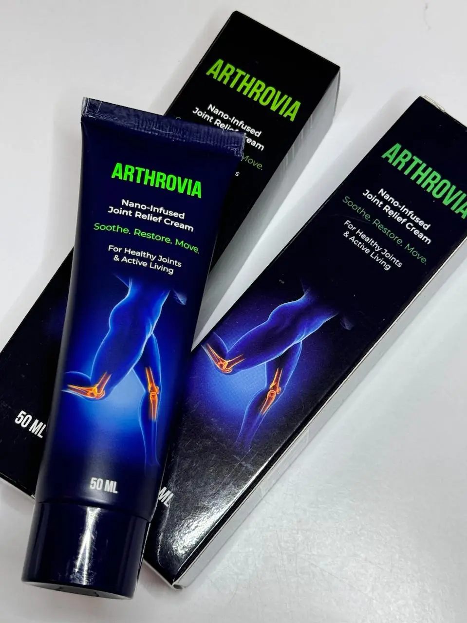 Tuba Arthrovia 50 ml na dveh škatlah, originalna nanokrema za sklepe v temno modri embalaži