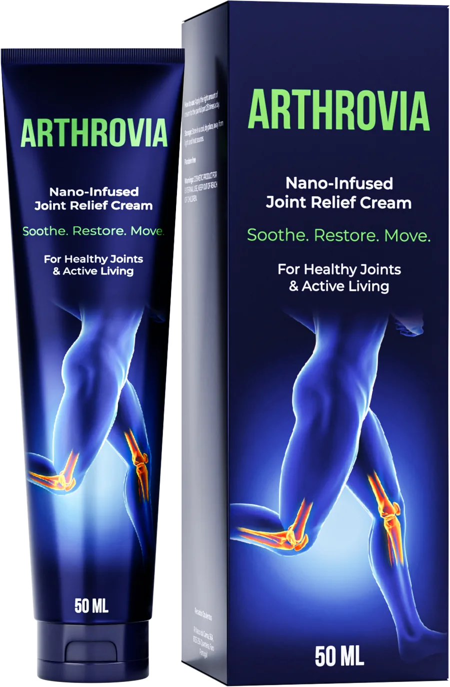Arthrovia, hladilna nanokrema za sklepe: temno modra tuba 50 ml in škatla z zelenim napisom ARTHROVIA